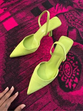 Neon Lime Pointed-Toe Slingback Heels - Women Shoes
